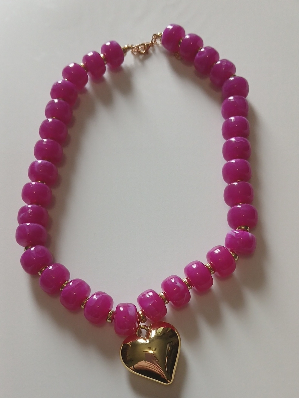 Fashion Jewelry Hot Pink Beaded Necklace with Gold Heart Charm Magenta